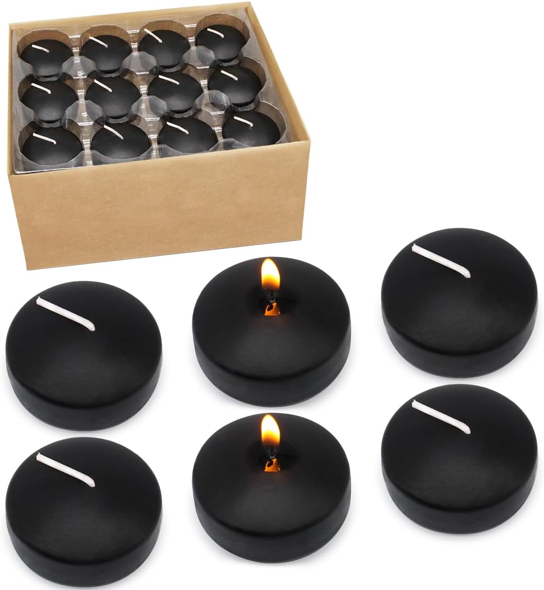 10 Hour Black Floating Candles Large 3 inch Unscented Dripless Water Wax Floating