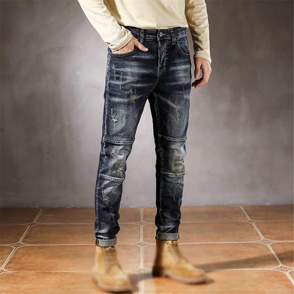Ripped Jeans for Men Dark Stretch Slim Fit Distressed Patchwork Hip Hop Streetwear Frayed Casual Denim Pants