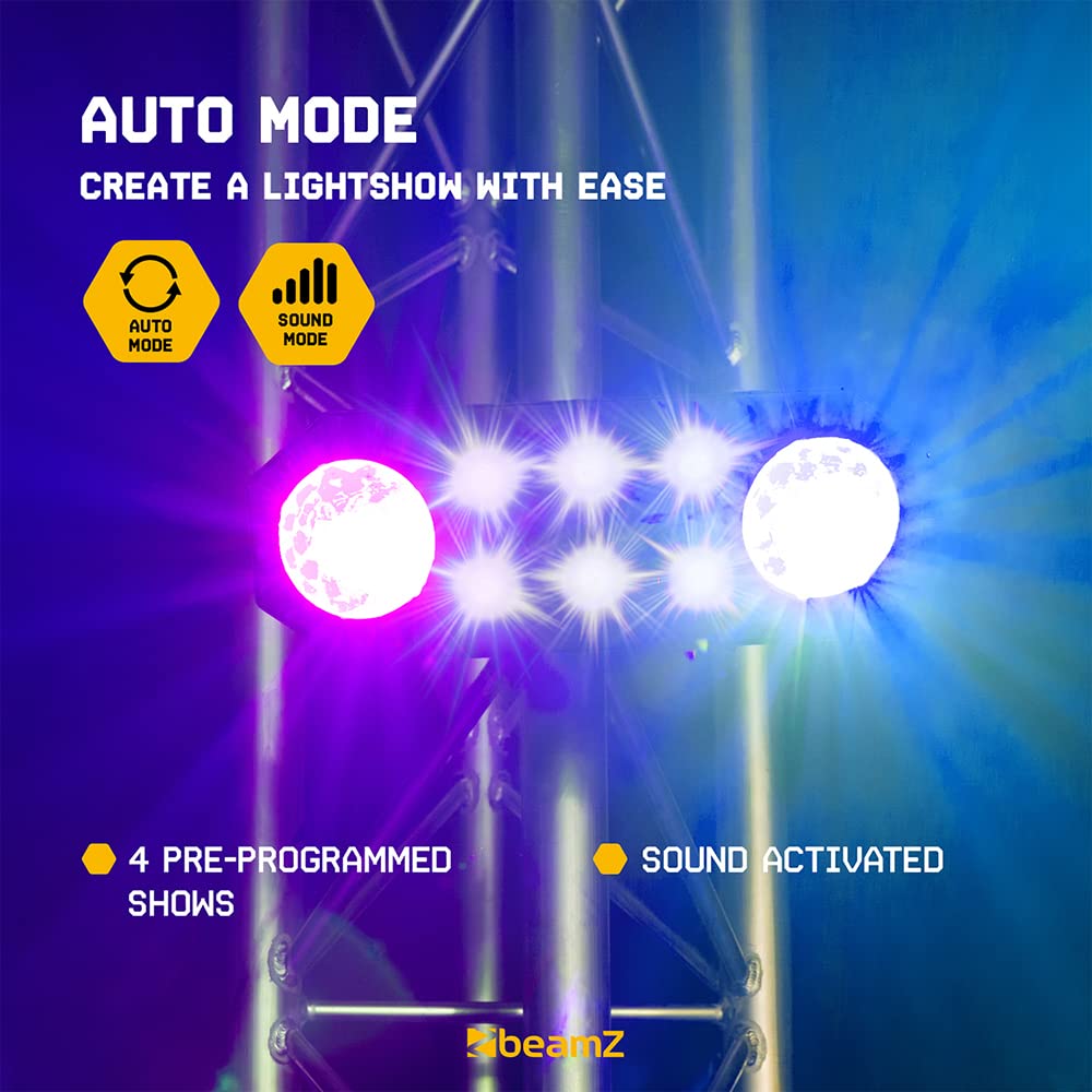 BeamZ StrobeMoon Jeu de Lumière 2 en 1 - Effets Colorés et Fonction Stroboscopique, Mode Autonome ou Détection du Son, Shows Préprogrammés, Télécommande, Idéal pour Animer vos Soirées