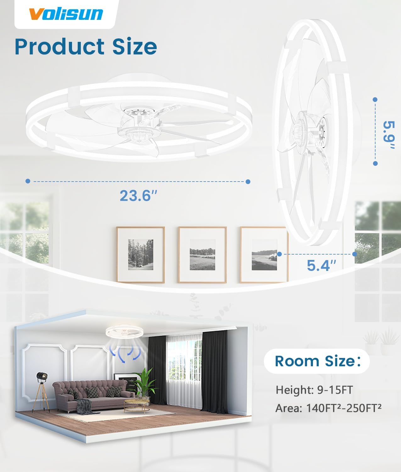 VOLISUN Ceiling Fans with Lights and Remote, 23.6in Low Profile Ceiling Fans with Light, 3000K-6500K Dimmable Fandelier Ceiling Fan, White Flush Mount Ceiling Fan for Bedroom