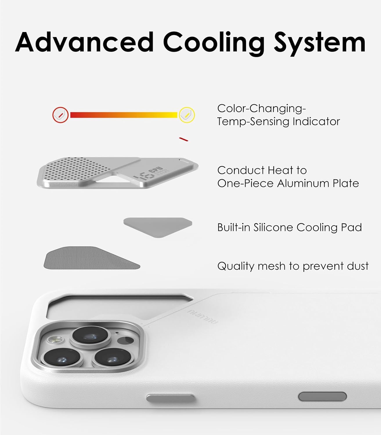 Aulumu A16 Vegan Leather Cooling iPhone 16 Pro Max Case | Updated Camera Control | with Cooling Fins | Luxury Comfort | Compatible with MagSafe | Complete Wrap-Around - Touch White - Image 4