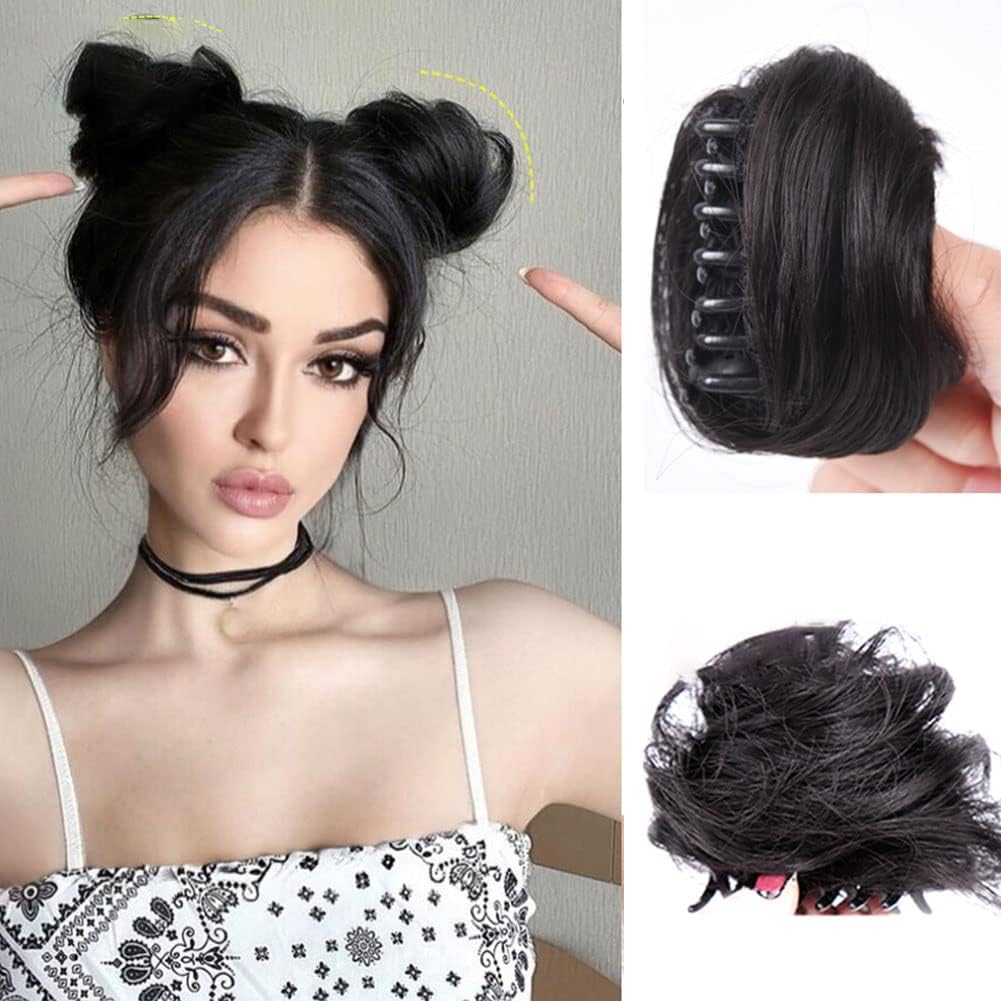 HOOJIH Claw Clip in Hair Bun 2 PCS Space Buns Hair Piece