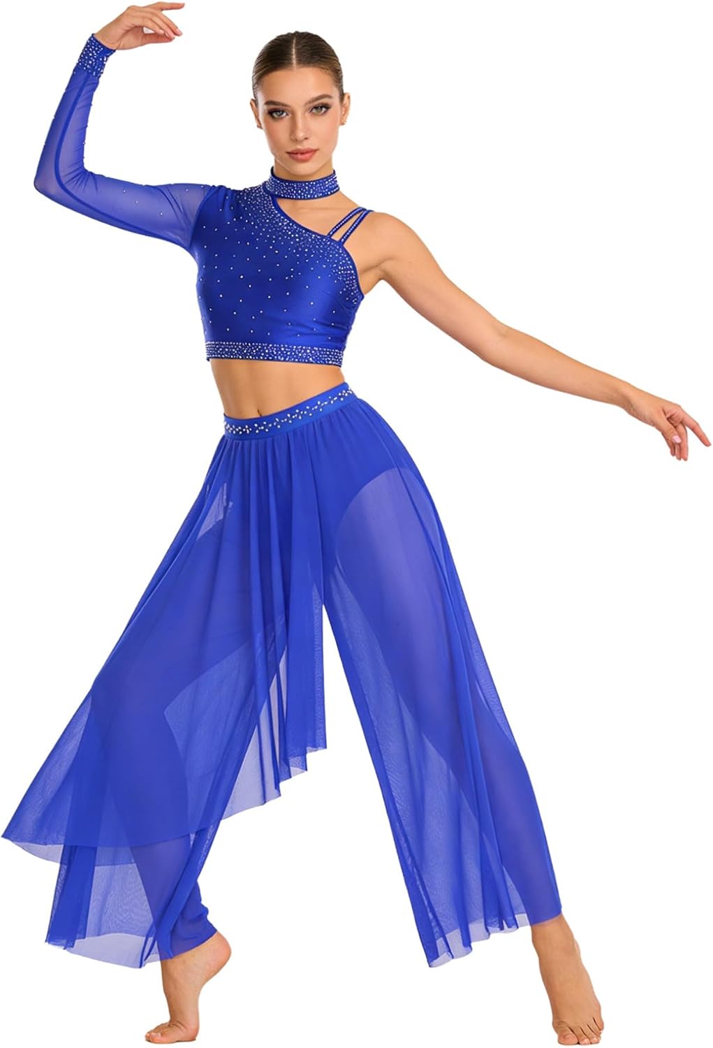 Hularka Women's Lyrical Dance Outfits Shiny Crop Top with Wide Leg Pants for Stage Performance Royal Blue Medium