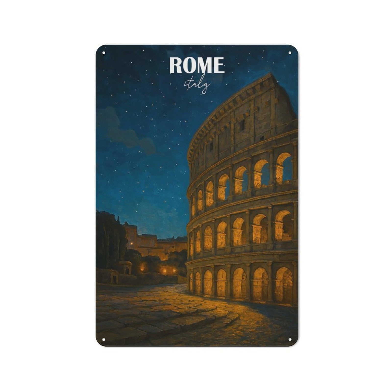 Junmoney Style-11 Tin Wall Plaque 30X20cm With Rome Italy Colosseum Night For Workshop Wall, With Clear Retro Wall Decor Character