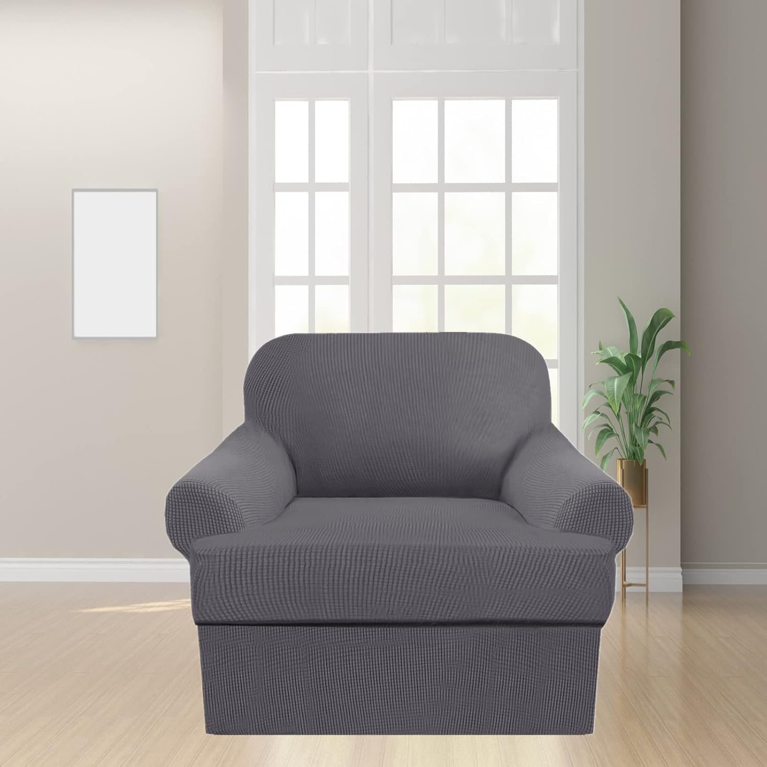 2-Piece T-Cushion Chair Slipcover Set – Stretch Sofa Cover for T-Cushion Armchairs & Chairs (Fits Width Up to 47") – Washable Furniture Protector with T-Shaped Seat Cover (Grey, Chair)