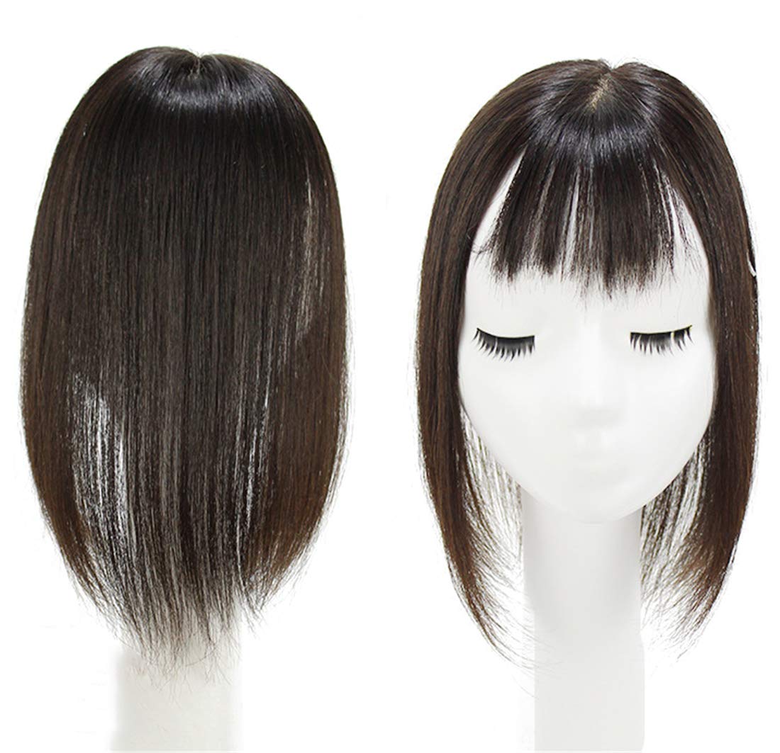 Human Hair Hairline Topper Hairpiece 2.4"x5.5" Silk Base Hair Topper with Bangs for Women, 10" Natural Black