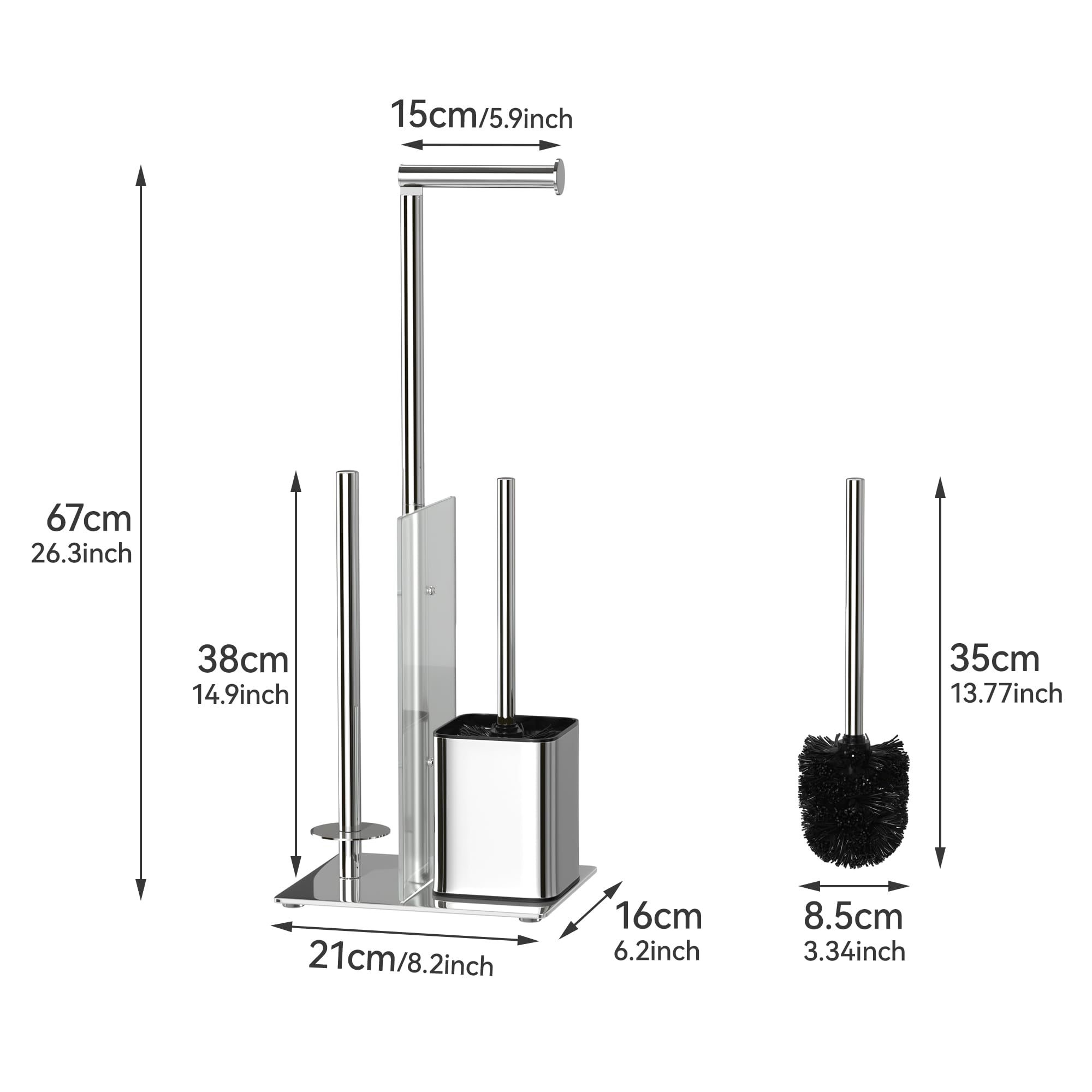 Toilettenpapierhalter Stehend mit WC Bürste - Toilettenbürste und Klorollenhalter Stehend mit Glasregal, Ohne Bohren, Edelstahl WC Garnitur mit Klopapierhalter Stehend und Klobürste (Silber)