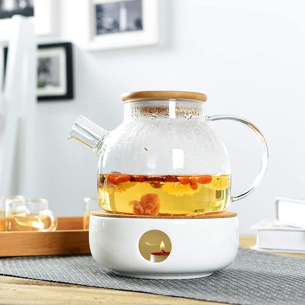 Elegant Porcelain Teapot Warmer, Teapot Warmer Base with Wooden Mat Ideal for Borosilicate Glass Teapots and More
