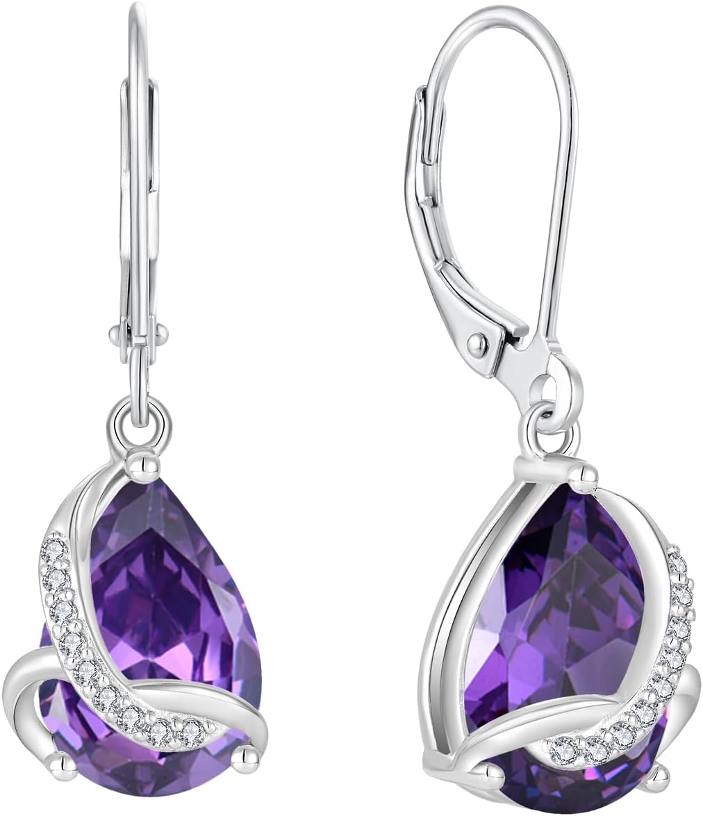 Teardrop Earrings for Women 925 Sterling Silver Dangle Drop Leverback Earrings Birthstone Jewelry Gifts for Wife Mom Girlfriend Her