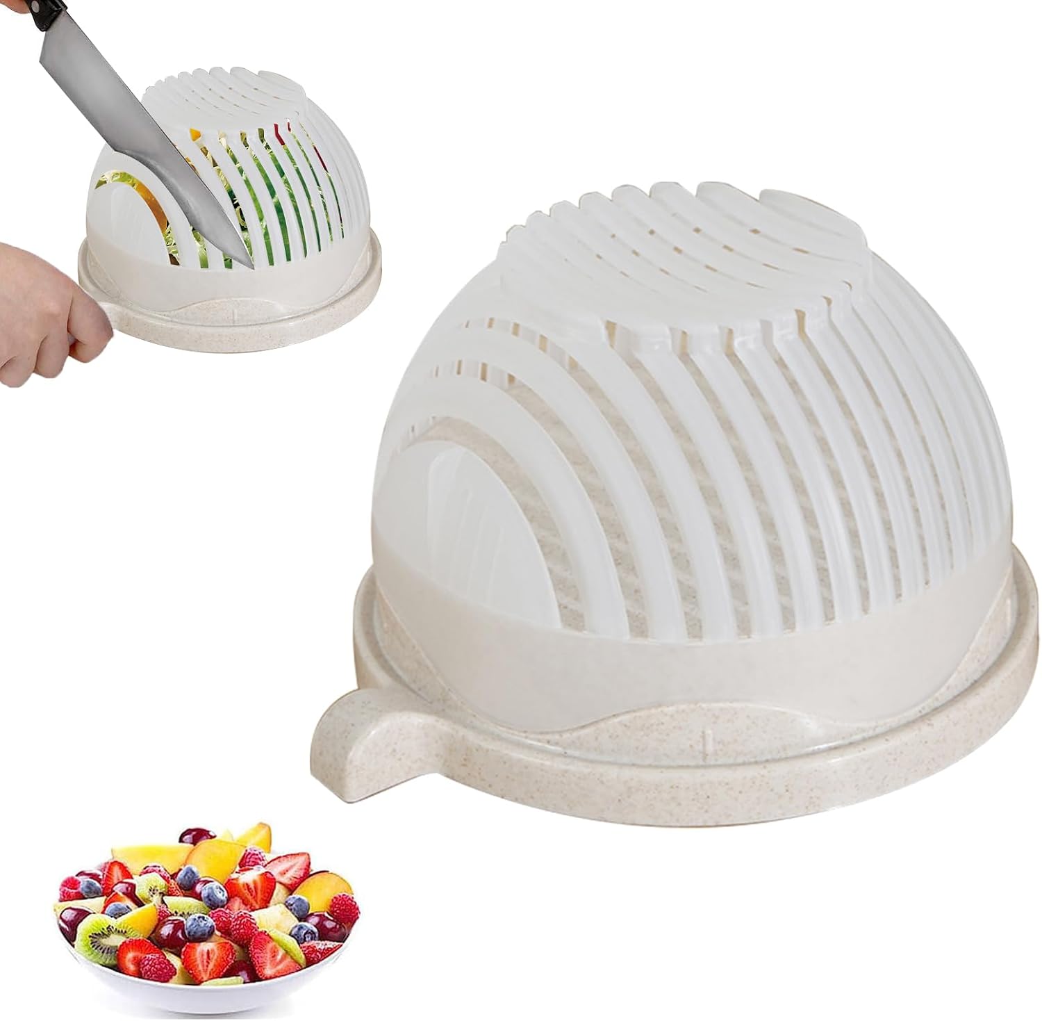 Yostyle Snap Salad Cutter Bowl, Multi-Functional Fast Fruit Salad Chopper, Salad Instant Salad Maker, Salad Cutting Bowl with Lid Quick Vegetable&Fruit Cutting Set (Beige)