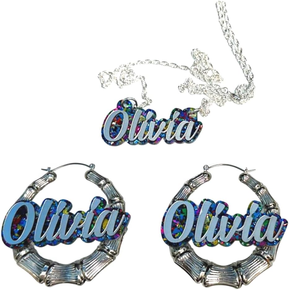 Custom Nameplate Jewelry Set | 2.5" Silver Bamboo Hoop Earrings | Nameplate Necklace | Laser-Cut Silver Script Letters | Multi-Color Glitter Background | Optional Wood Gift Box | Crafted in CT, USA