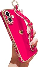 Compatible with iPhone 17 Case with Strap for Women Girls [2× Screen Protectors], Cute Love-Hearts Design, Wristband Kickstand Luxury Plating Edge Protective Phone Case (6.3") - Hot Pink