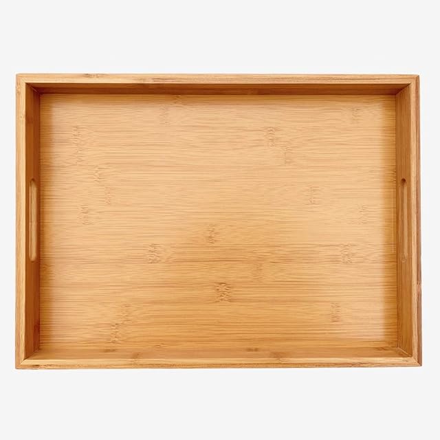 Rectangle Natural Bamboo Wooden Serving Tray - Butler Tray with Handle, Breakfast in Bed Tray, Tea Tray For Coffee Table Tray