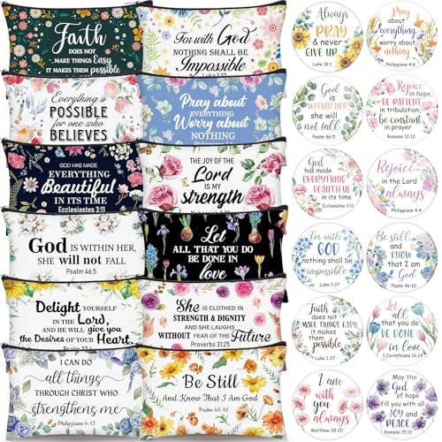 Seeloowy 24 Pcs Christian Gifts Bulk for Women 12 Floral Religious Canvas Makeup Bags 12 Bible Verse Compact Mirrors Inspirational Church Party Gifts for Women Mother Sister