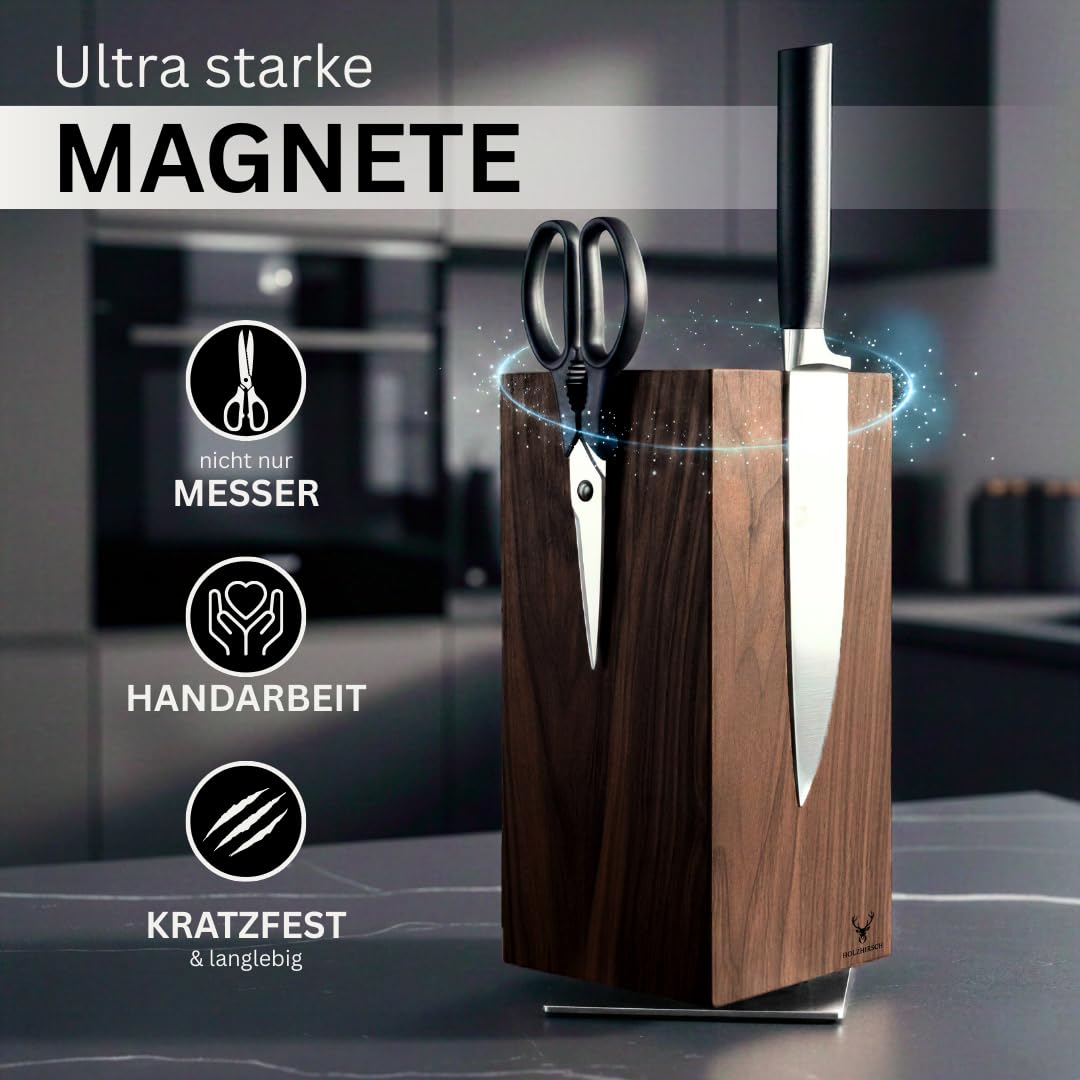 Messerblock ohne Messer magnetisch [Premium] | 360° drehbar | 5,2 kg extra schwer | Rutschfeste Edelstahl-Basis | Nordamerikanische Walnuss