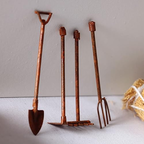 Miniatura 3 de Dilwe Herramientas de agricultura de casa de muñecas, azada y horquilla para casa de muñecas a escala 1:12, para paisaje de jardín, accesorios para