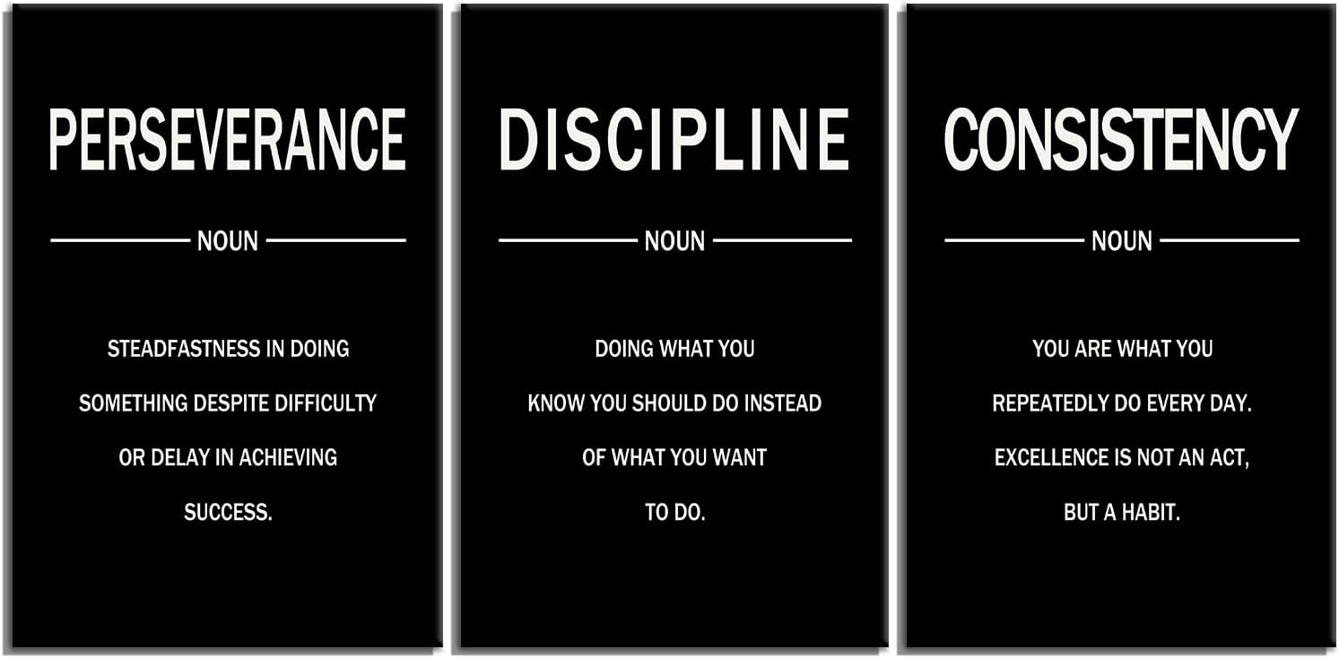 Perseverance Discipline Consistency Posters Inspirational Canvas Wall Art 3 Pieces Motivational Office Wall Decor Painting Artwork for Home Living Room Gym Stretched and Framed [48''W x 24''H]