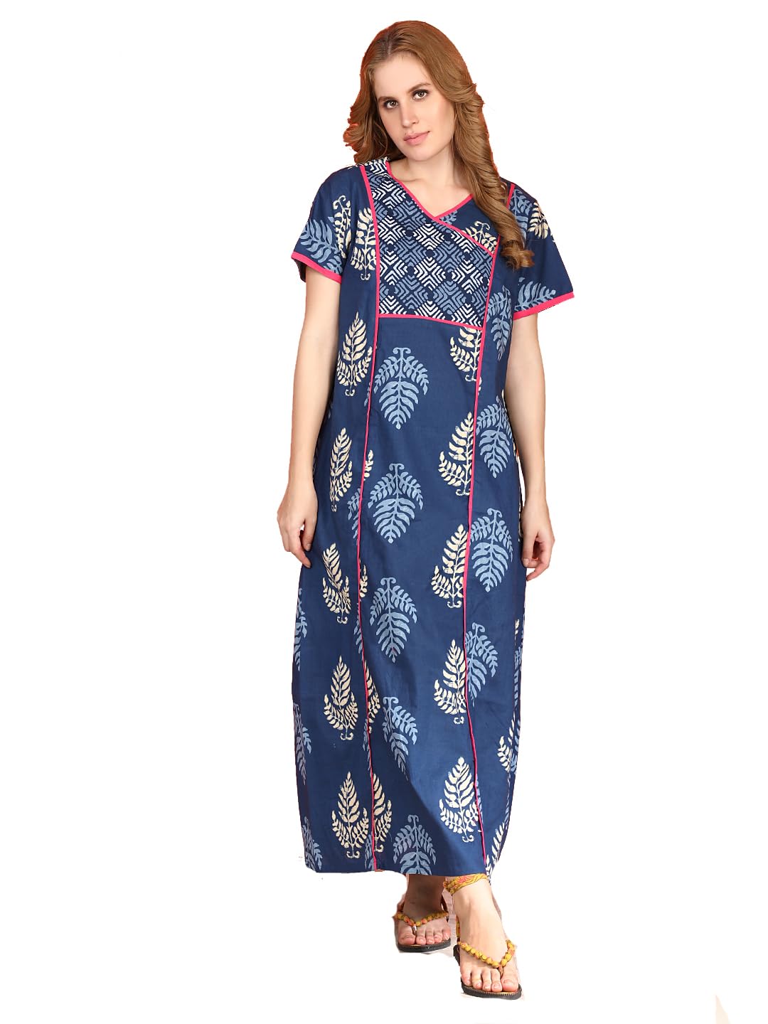 evolove Cotton Maxi Nighty for Women with Side Pocket | Floral Print Round Neck Short Sleeves Full Length Night Wear Gown-picture-3