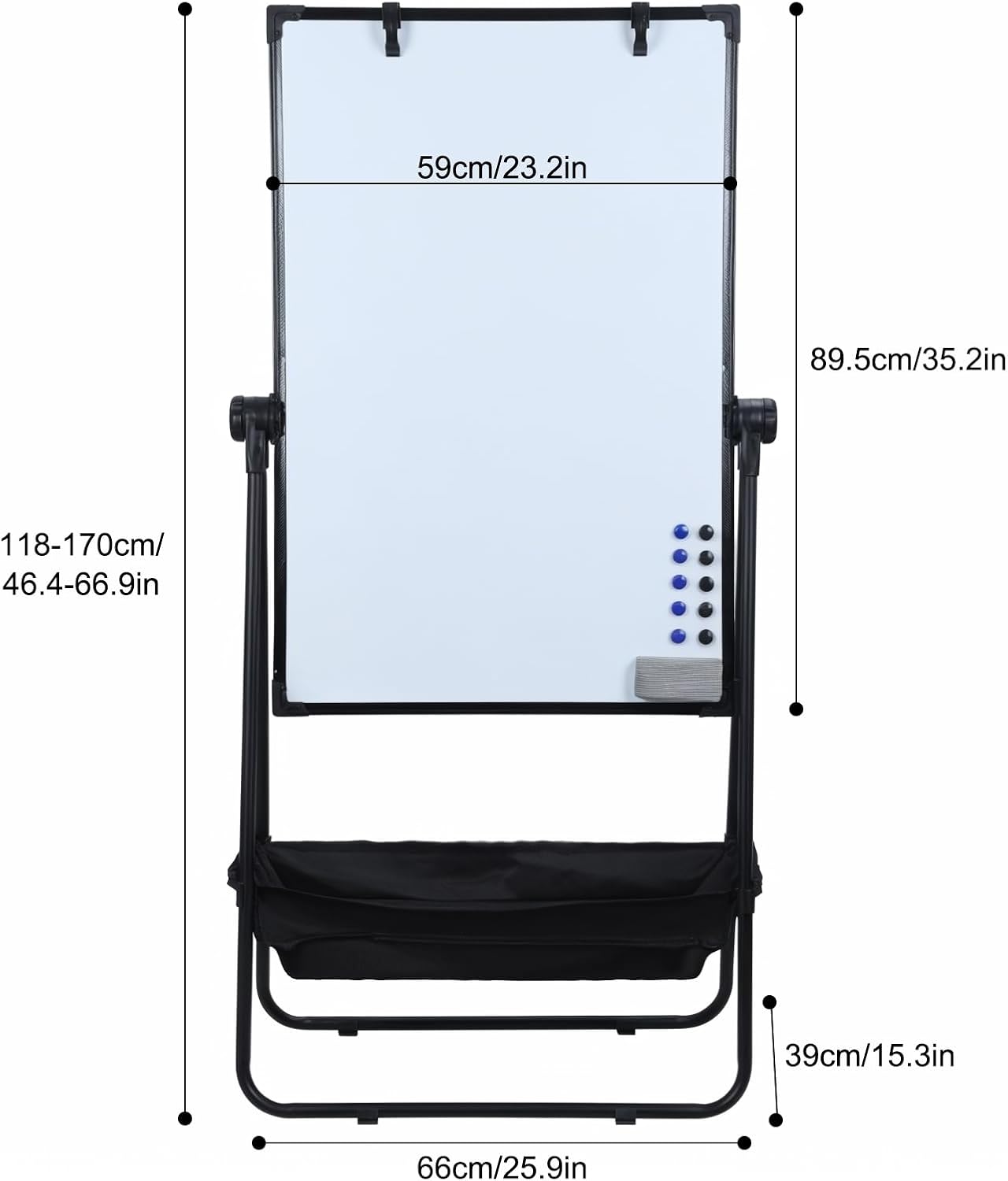 Foldable Kids Drawing Board - 60x90cm Double-Sided Whiteboard & Chalkboard, 360° Rotating Stand, Height Adjustable (Up to 66.9"), Portable Easel with Storage Bag Black 60x90cm