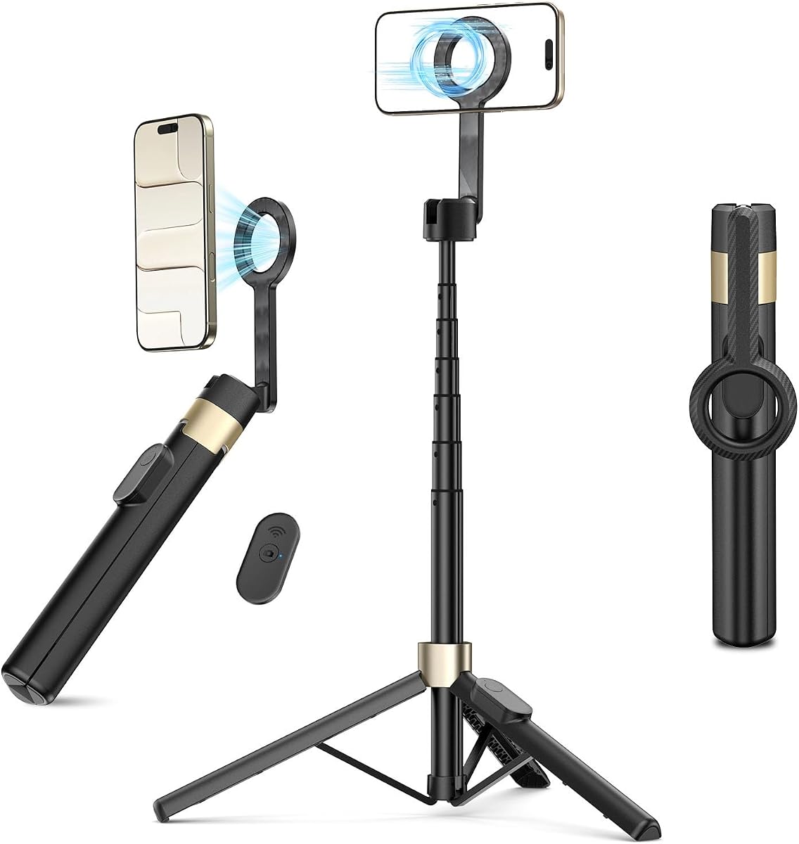 Magnetic Tripod for iPhone, Selfie Stick Monopod Tripod for Magsafe, 360° Rotatable Travel Tripod Heads Cell Phone Stand with Metal Ring & Remote, Compatible with iPhone Android, 60"