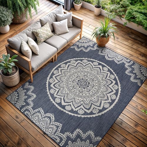CAMILSON Outdoor Rug 5x7 Modern Area Rugs for Indoor and Outdoor Patios and Porches - Waterproof, Washable, Non-Shedding, Easy-to-Clean Outside Carpet (5 x 7, Medallion - Blue/White) by CAMILSON - Used condition - US$61.46