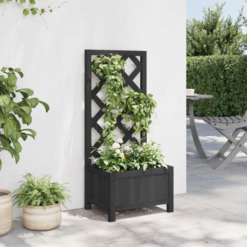 Pergola z litego drewna z wbudowaną skrzynką na kwiaty z jodły jako podpora dla roślin pnących z dużą donicą na rośliny do użytku na zewnątrz