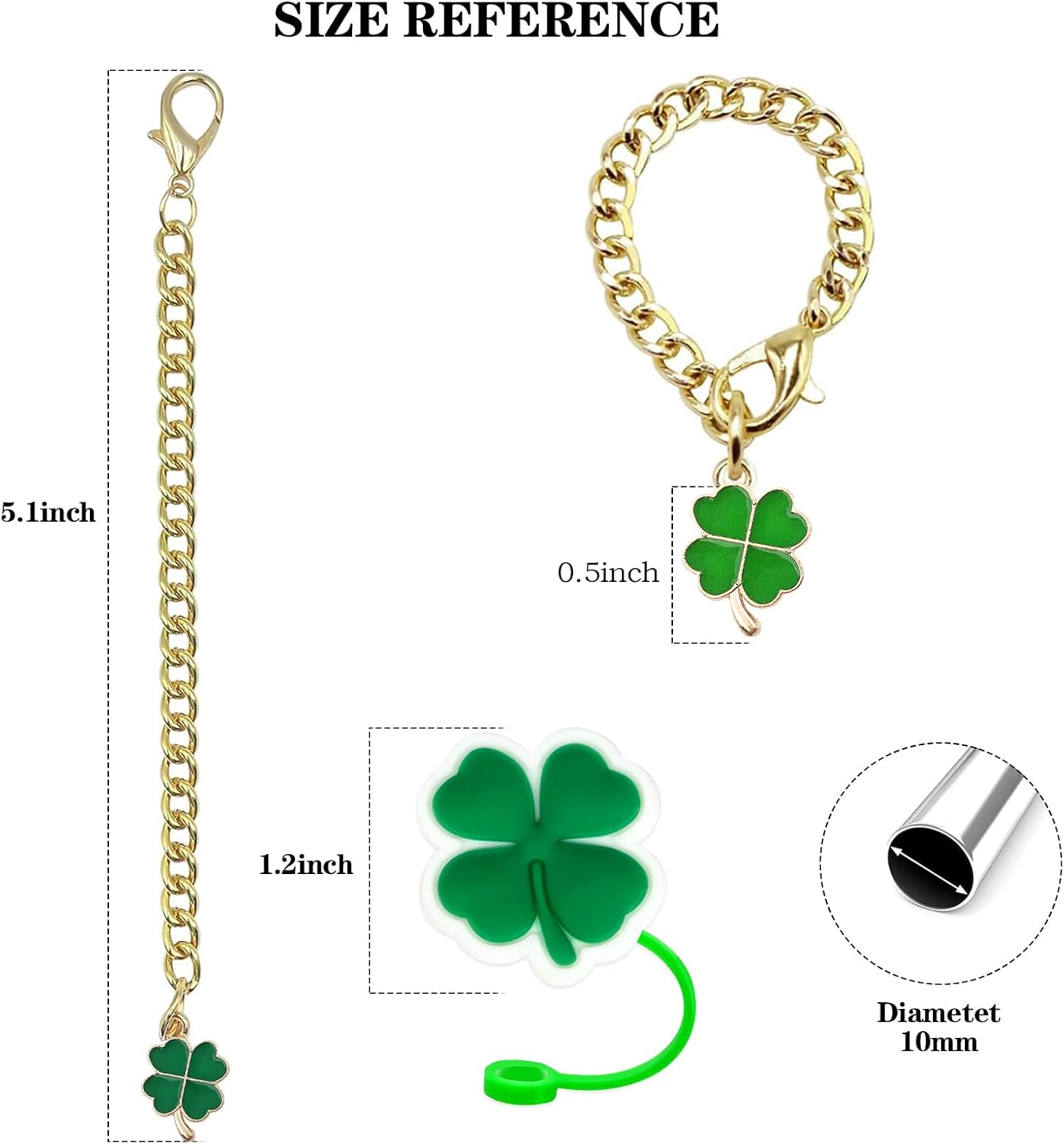 Clover Straw Cover Cap, Clover Charm Accessories, St. Patrick's Day Drinking Straw Toppers for Stanley 8MM Straws （3 Cover Caps + 2 Chains）