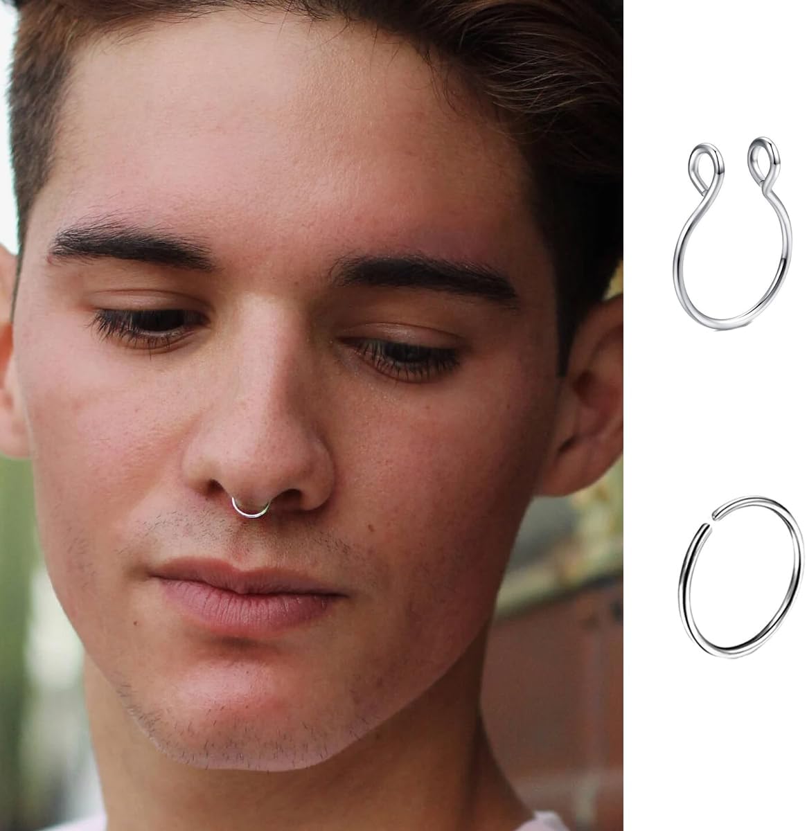25PCS Fake Nose Rings Hoop,20G 8mm Clip On Faux Nose Rings No Piercing Set for Women Men, 316L Surgical Stainless Steel Fake Septum Rings Cartilage Lip Hoop Jewelry Silver