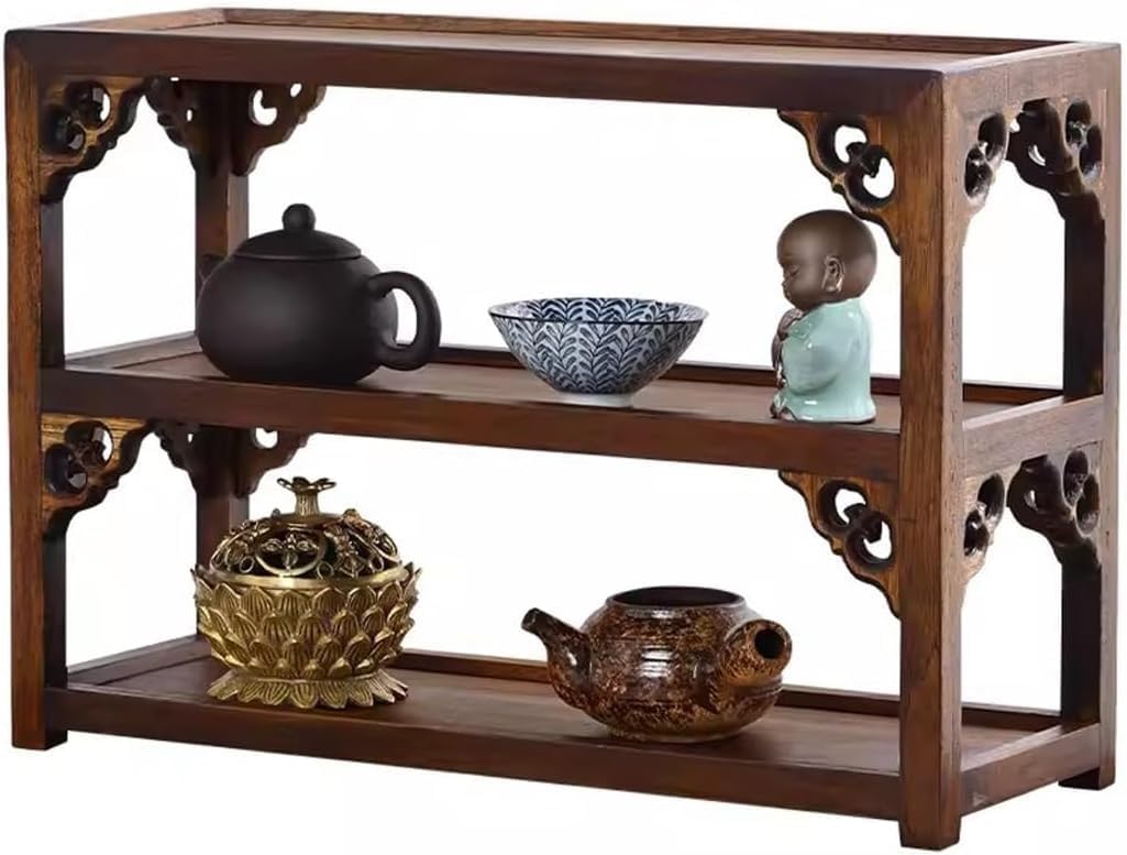 Countertop Antique Display Rack,Chinese Style Solid Wood Tea Set 3 Tier Cabinets Teapot Vintage Case for Collectibles