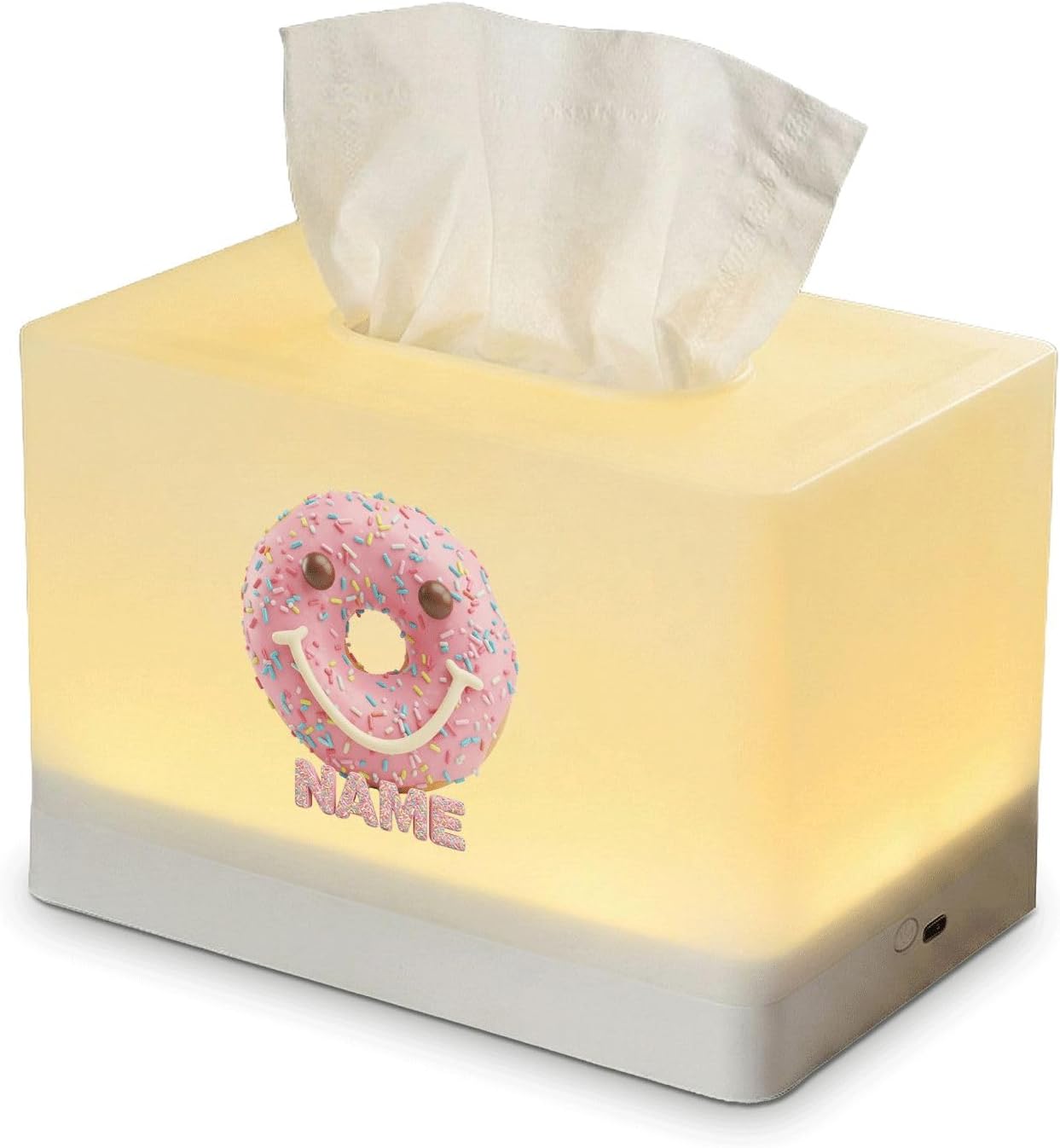 Custom Name Tissue Box Cover with LED Night Light, Rechargeable Donut Design Lamp for Kids Bedroom, Nursery Decor, Personalized Desk Accessory