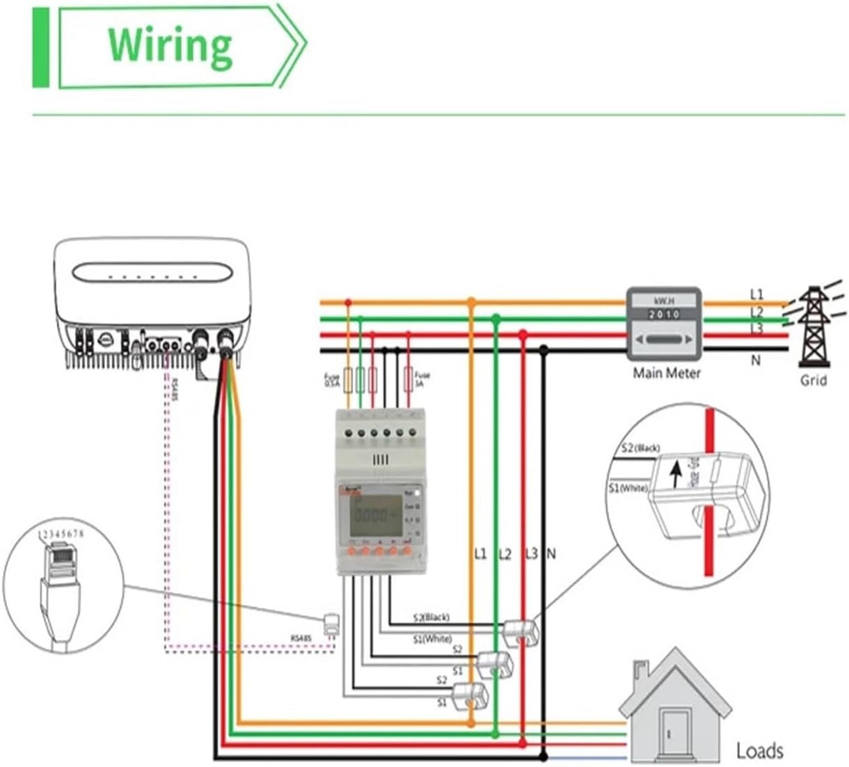 Detailed wiring diagram for the ACR10R-D16TE4 energy meter showing connections to main meter, grid, and loads with current transformers