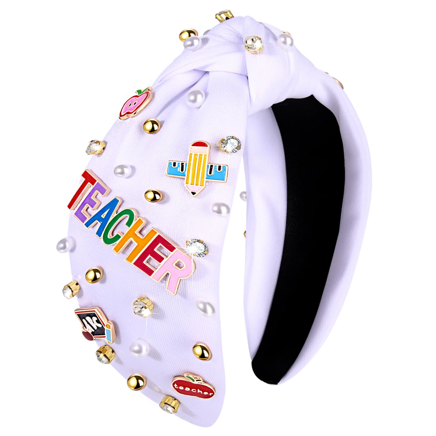 Teacher Headband, Teacher Accessories, Crystal Pearl Knotted Headband for Women Cute Book Pencil Teach Charms Embellished Jeweled Top Knot Headband, Teacher Appreciation Gifts (Pattern G)