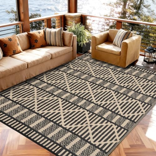 LUXLOOM 9x12 Waterproof Outdoor Rugs, Reversible Plastic Straw Clearance Rugs for Patios Boho Pattern Foldable Camping Carpet for RV, Porch, Deck, Backyard, Balcony, Black and Brown by LUXLOOM - Used condition - CA$55.17