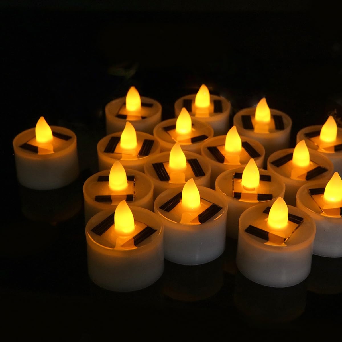 Solar Lights Flameless Candle with Flicker Effect Halloween Decorations Indoor and Outdoor Tea Lights Halloween Decor Reusable Solar Candle Decoration (24 PCS,Yellow Light)