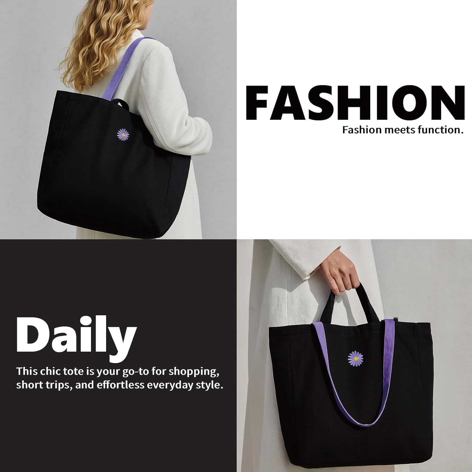 Black Canvas Shopping Tote Bag for Women, Structured Everyday Carryall with Outer Pockets and Inner Zipper Pocket, Reusable Market Work Bag with Dual Handles for Commuting, Travel, Daily Essentials | 27L Large Tote Bag, 12 Oz Heavy Duty Bag, Long + Short Handles, Zipper Closure, Inner Zip Pocket, Out Multi 2 Pockets