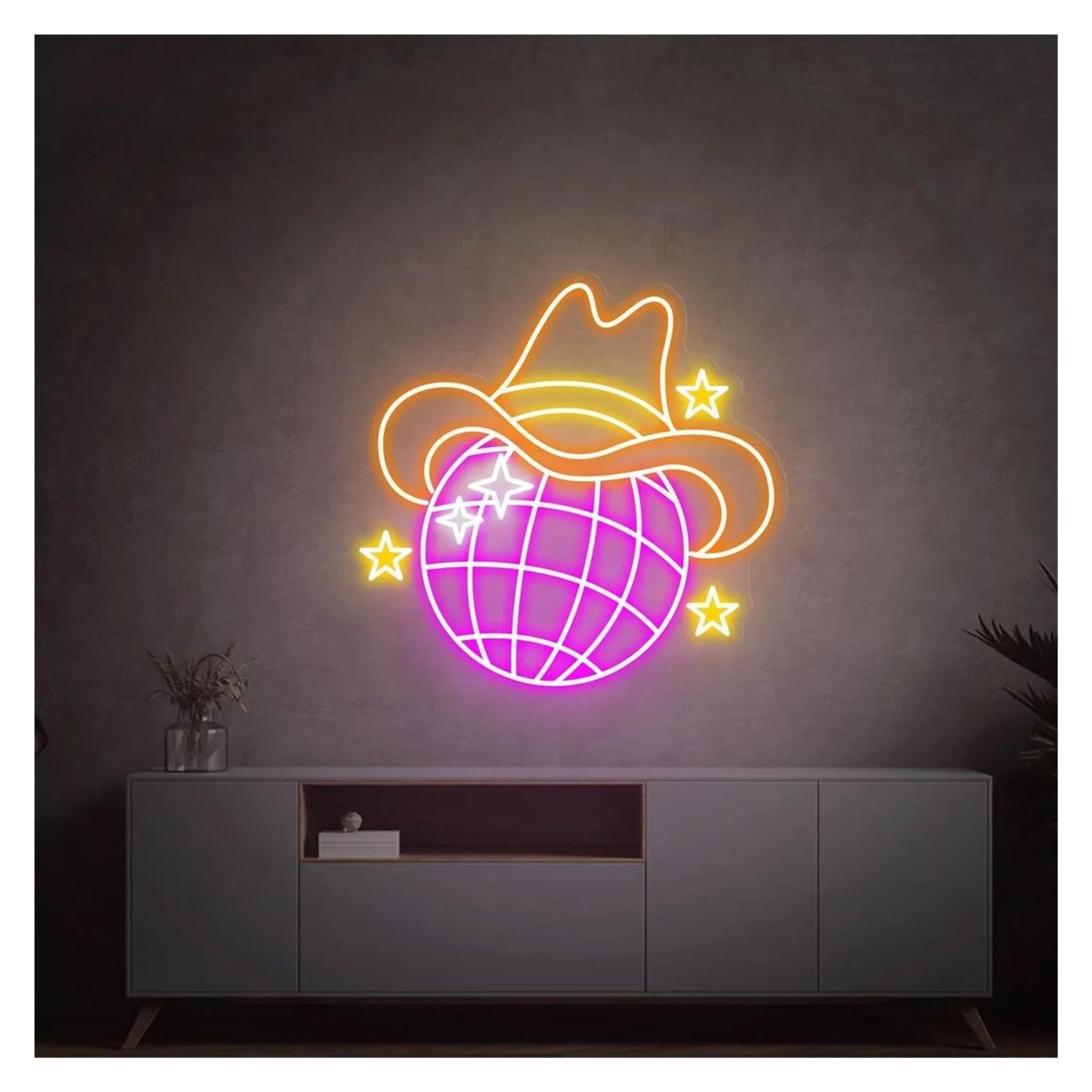 LEMST Signs Lamp Retro Disco Ball Neon Signs USB Powered, Adjustable Brightness Neon Lights Cowboy Hat Suitable for Shop Decor Commercial Light(B,50cmx50cm)