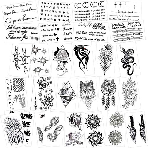 HOWAF Temporary Tattoos for Adult Men Women Kids(30 Sheets), Waterproof Temporary Tattoo Fake Tattoos Body Art Sticker Hand Neck Wrist Cover Up Set, Dragon Anchor Skull Wolf Etc (C)