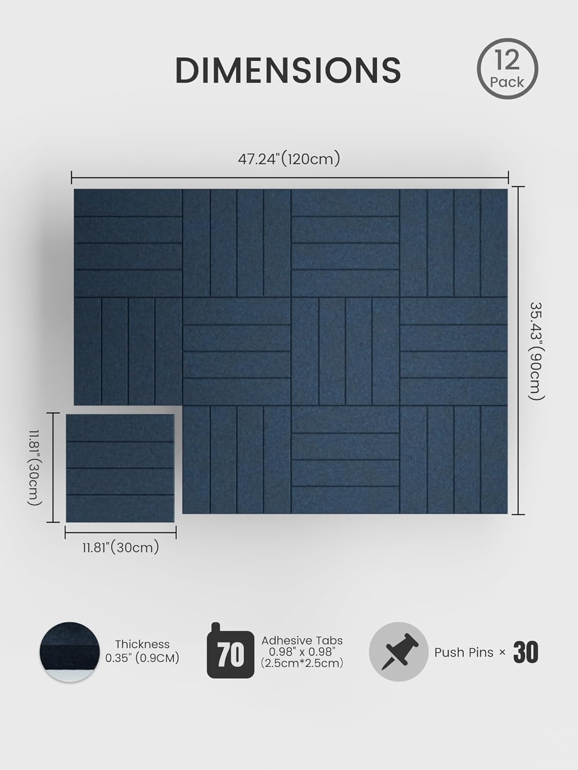 Bumusty Large Cork Board Alternative-48 x 36" Felt Bulletin Board Tiles, with 30 Pushpins, 70 Adhesive Tabs, Bold-Stripe 12-Pack, Cork Boards for Office Push Pin Board Felt Board-Navy Blue