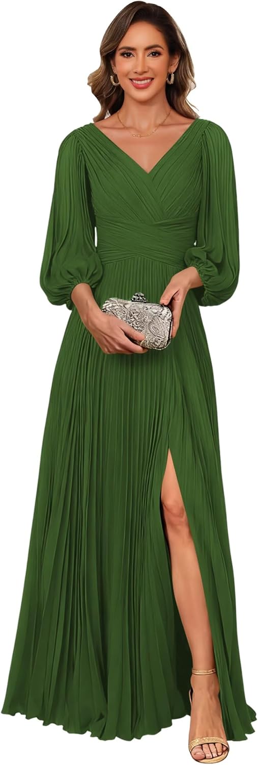 Chiffon V Neck Mother of The Bride Dresses with Slit Long Sleeves Pleated Formal Evening Dress PUS071