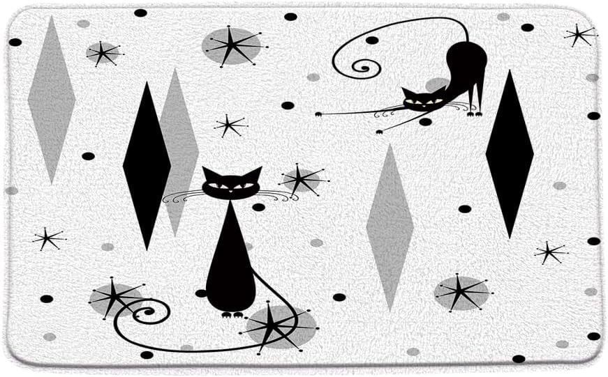 Mid Century Modern Bath Mat Cat Starbursts ​Atomic Stars ​Abstract Gray Black Geometric Iconic Retro Animal 1950s 1960s Vintage Bathroom Microfiber Memory Foam Doormat Toilet Floor Decor Rug
