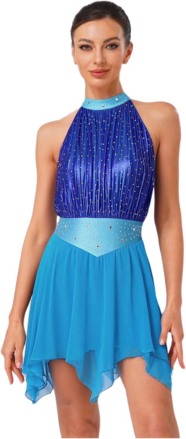 FEESHOW Women Ruched Metallic Mesh Lyrical Dance Dress Irregular Ballet Leotard Modern Contemporary Costume