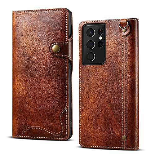 WCXTY Funda para Samsung Galaxy S22/S22 Plus/S22 Ultra, Funda Protectora De Cuero Genuino A Prueba De Golpes, Funda Flip Folio con Ranura para Tarjeta (Color : Brown, Size : S22 Plus 6.55") Cover