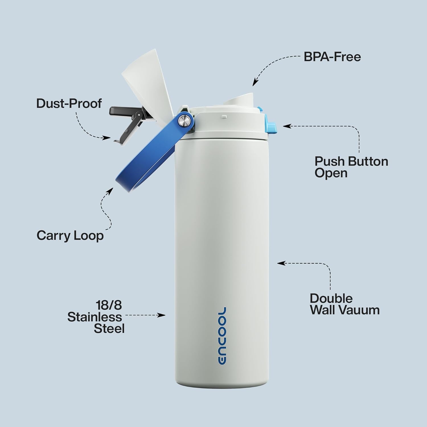 Insulated Water Bottle with Straw - Encool Stainless Steel Water Bottle with Push Button Lid, Leak-Proof & BPA-Free, Keeps Cold for 24 Hours for Sports, Travel, Gym (24 oz, Quill Grey-Blue)