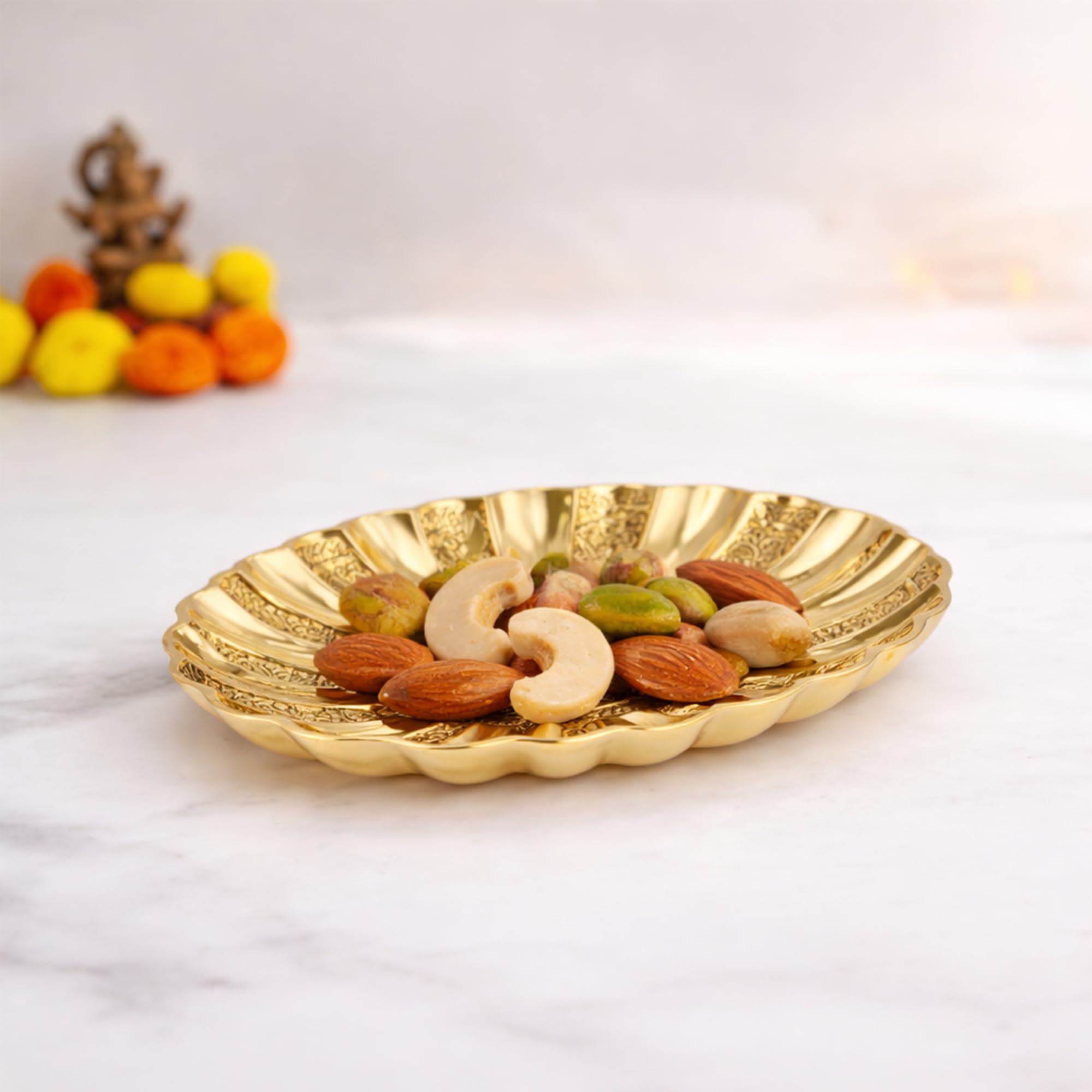 Putrika Brass Oval Engraved Tray – Floral Design Pooja Plate | Decorative Antique-Style Serving Tray for Home, Temple, Festive Use, Return Gift- Engraved Oval Tray (Xtra Small) 4