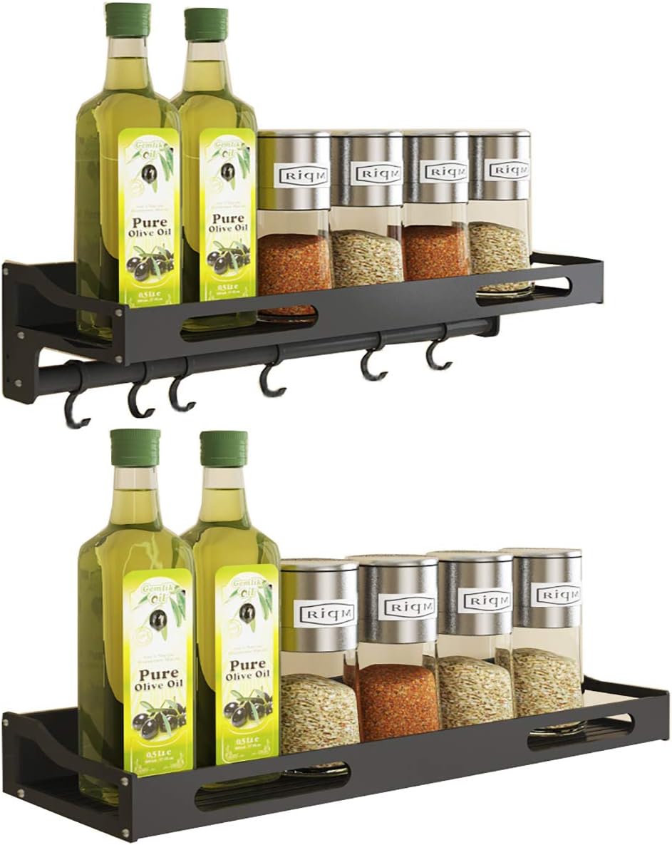 COVAODQ Over Stove Shelf Wall Mount Spice Rack Organizer Kitchen Spice Storage Shelf Perfect Seasoning Organizer For Your Kitchen Door Mount - 2 Piece（6 Hooks + No Hook)