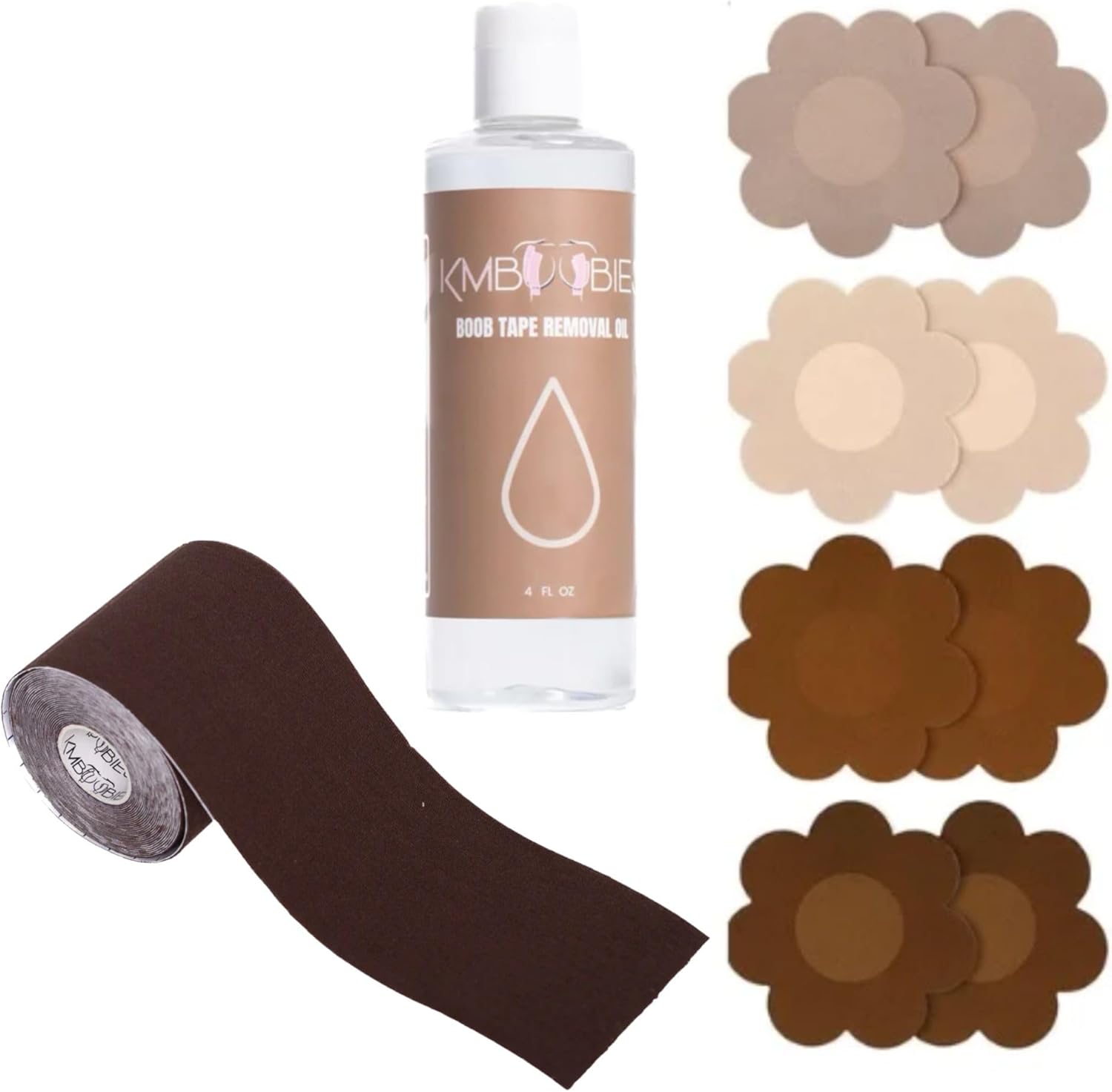 Kmboobies - Boob Tape Bundle - 5-Foot Roll Body Tape - Tape Removal Oil (2 oz) - Nipple Covers - Instant Breast Lift