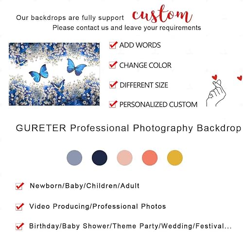 Miniatura 6 de PGGE693 - Telón de fondo de mariposa de 7 x 5 pies, color blanco y rosa azul de gypsophila para fotografías temáticas de boda, decoración de fondo