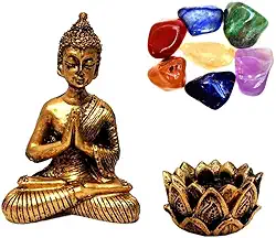 Combo Buda Zen com Castiçal e Pedras dos Chakras – Decoração Energética e Meditação + E-book Guia dos Cristais Mandala de Luz