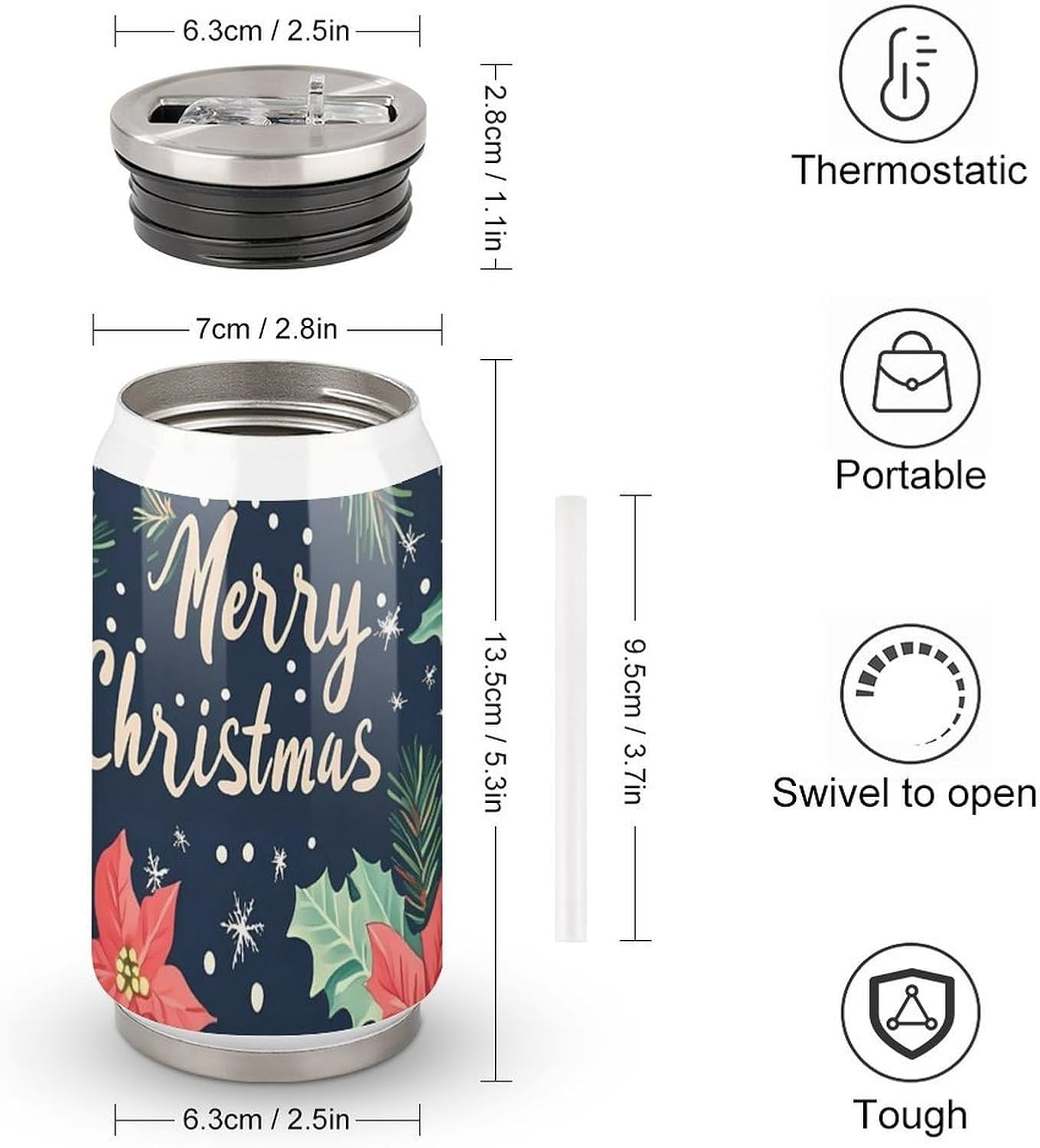 Merry Christmas Snowflake Holly Portable Cola Can Shaped Insulated Tumbler with Sippy Cup Lid for Hard Seltzer Beer Drinks