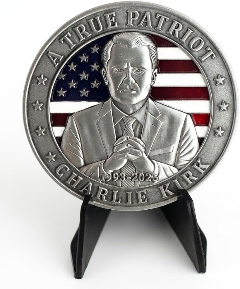 Charlie Kirk True Patriot Commemorative Challenge Coin, American Flag Design, Antique Silver, 2.25 Inch Round, Double-Sided Memorial Collectible